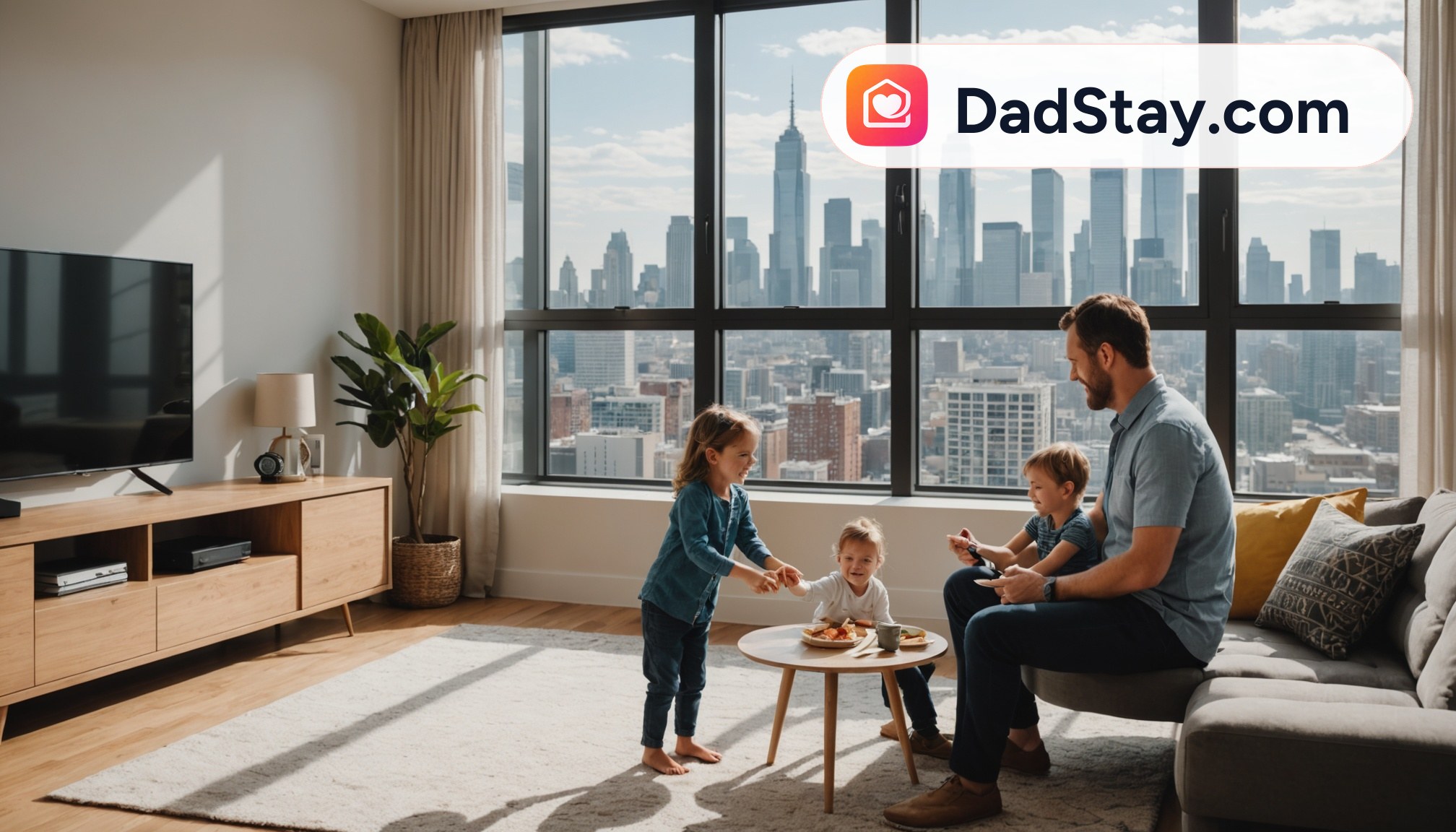 A family enjoying a furnished vacation rental with a view of a cityscape.