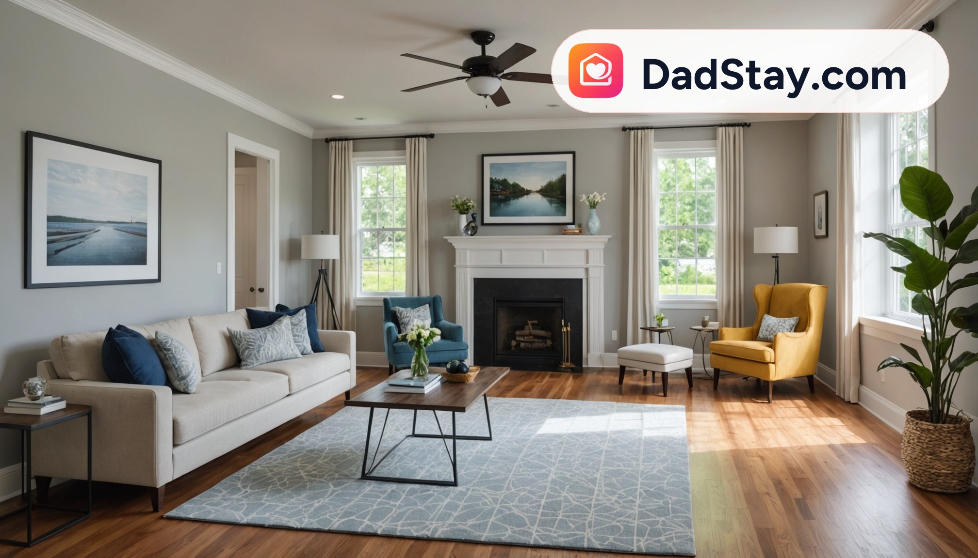 Cozy short-term rental living room with fireplace, plants, and polished decor