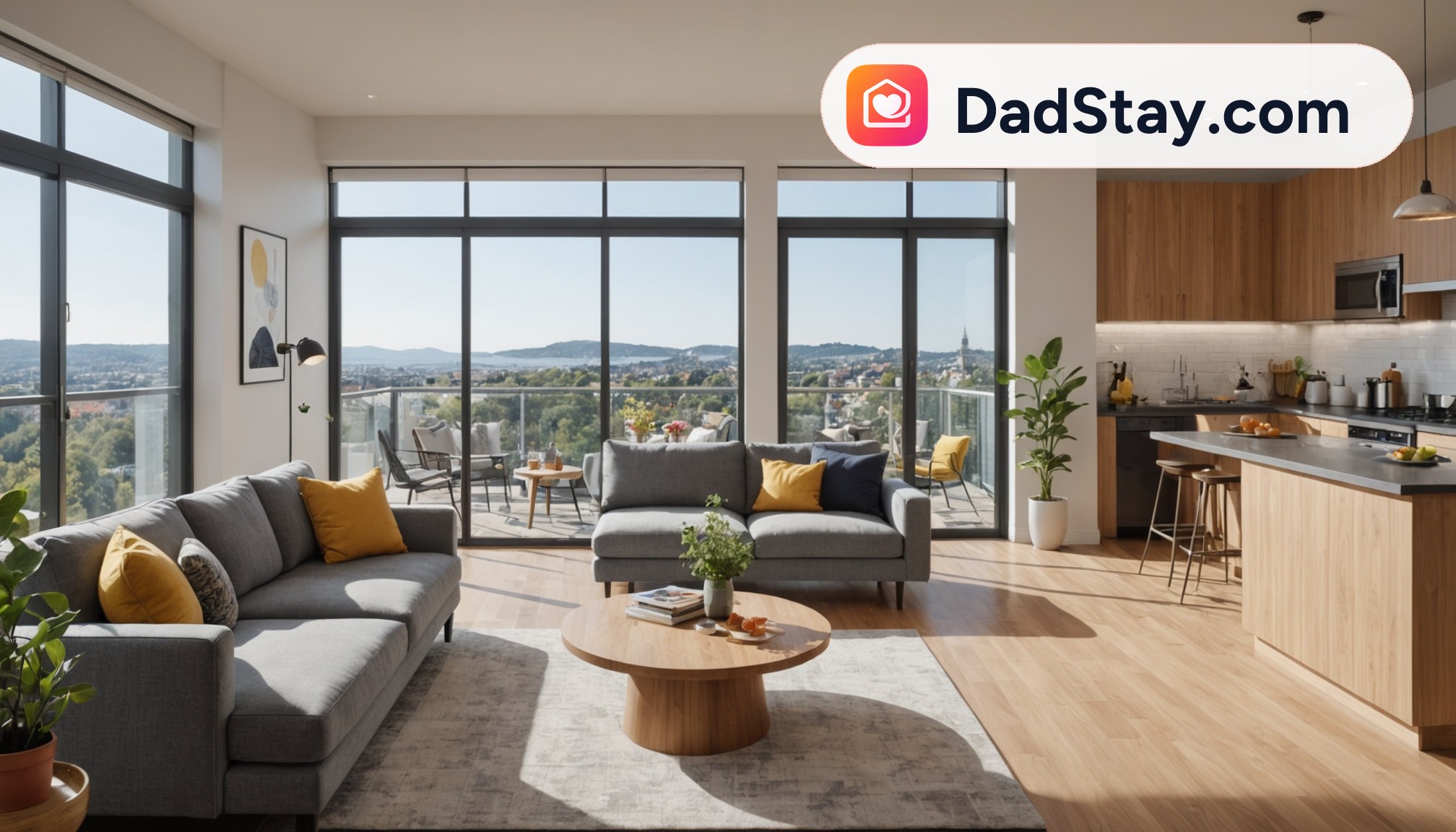 An empty interior of a pet-friendly short-term rental with a modern design, featuring a cozy living room with a comfortable sofa, a fully equipped kitchen, and a private balcony with stunning views.