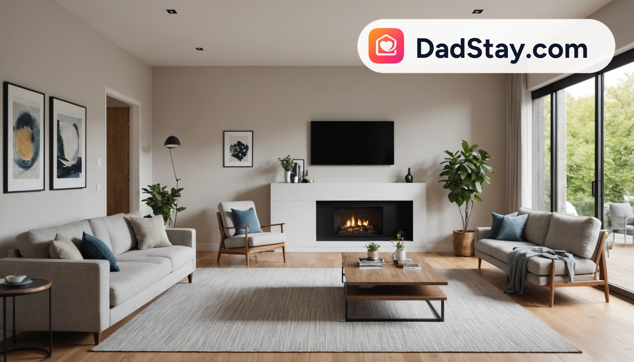 A modern, spacious living room with a comfortable sofa, a coffee table, and a flat-screen TV. The room is well-lit with natural light coming through large windows. The decor is neutral and clean.