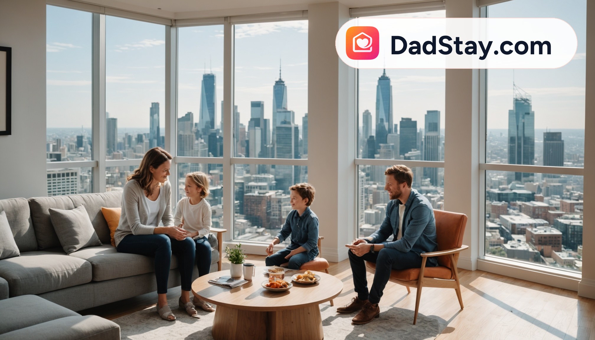 A family enjoying a furnished short-term rental with a view of a city skyline.
