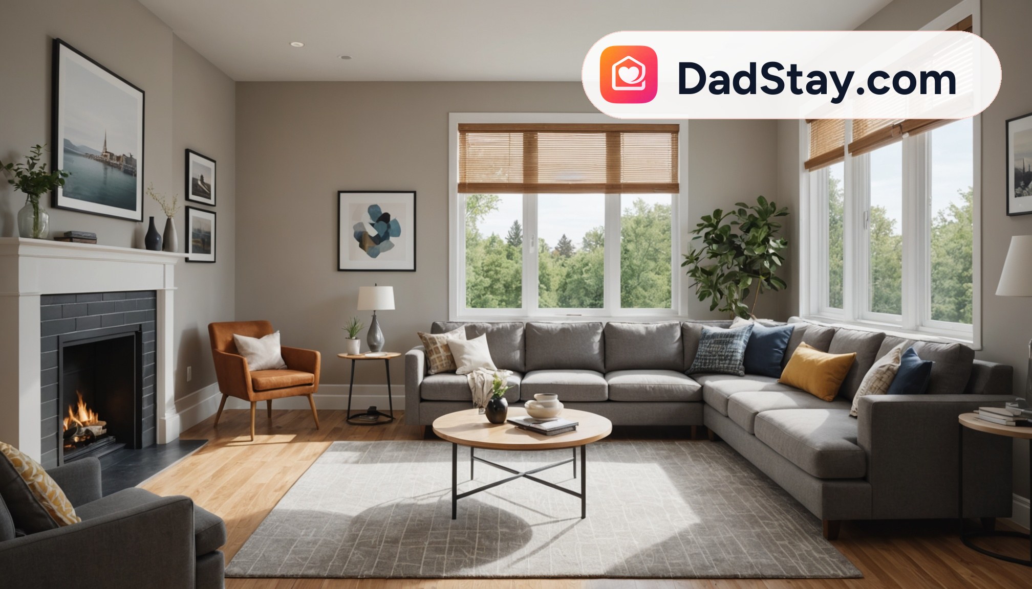 An empty living room with a comfortable sofa, a coffee table, and a large window with blinds.