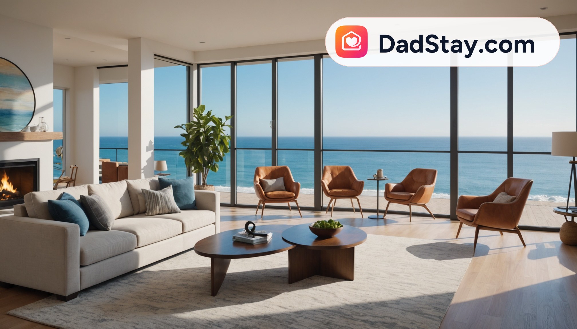 A modern, clean, and spacious living room with a large window overlooking the ocean, featuring a cozy couch, a coffee table, and a fireplace.