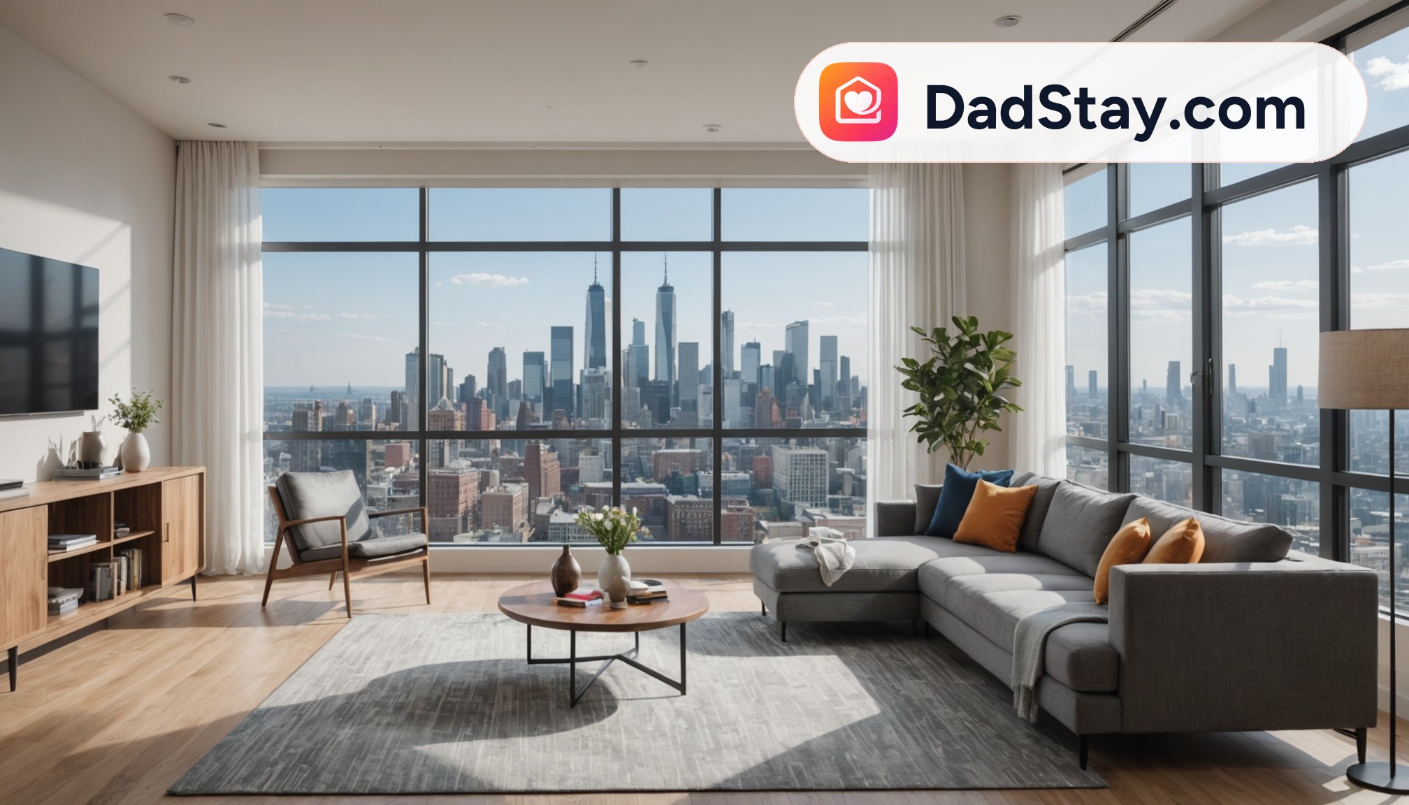 A modern, spacious living room with a couch, a coffee table, and a flat-screen TV. The room has large windows with white curtains, offering a view of a city skyline. There is a fully equipped kitchen with a dining area, and the decor is contemporary with neutral colors.