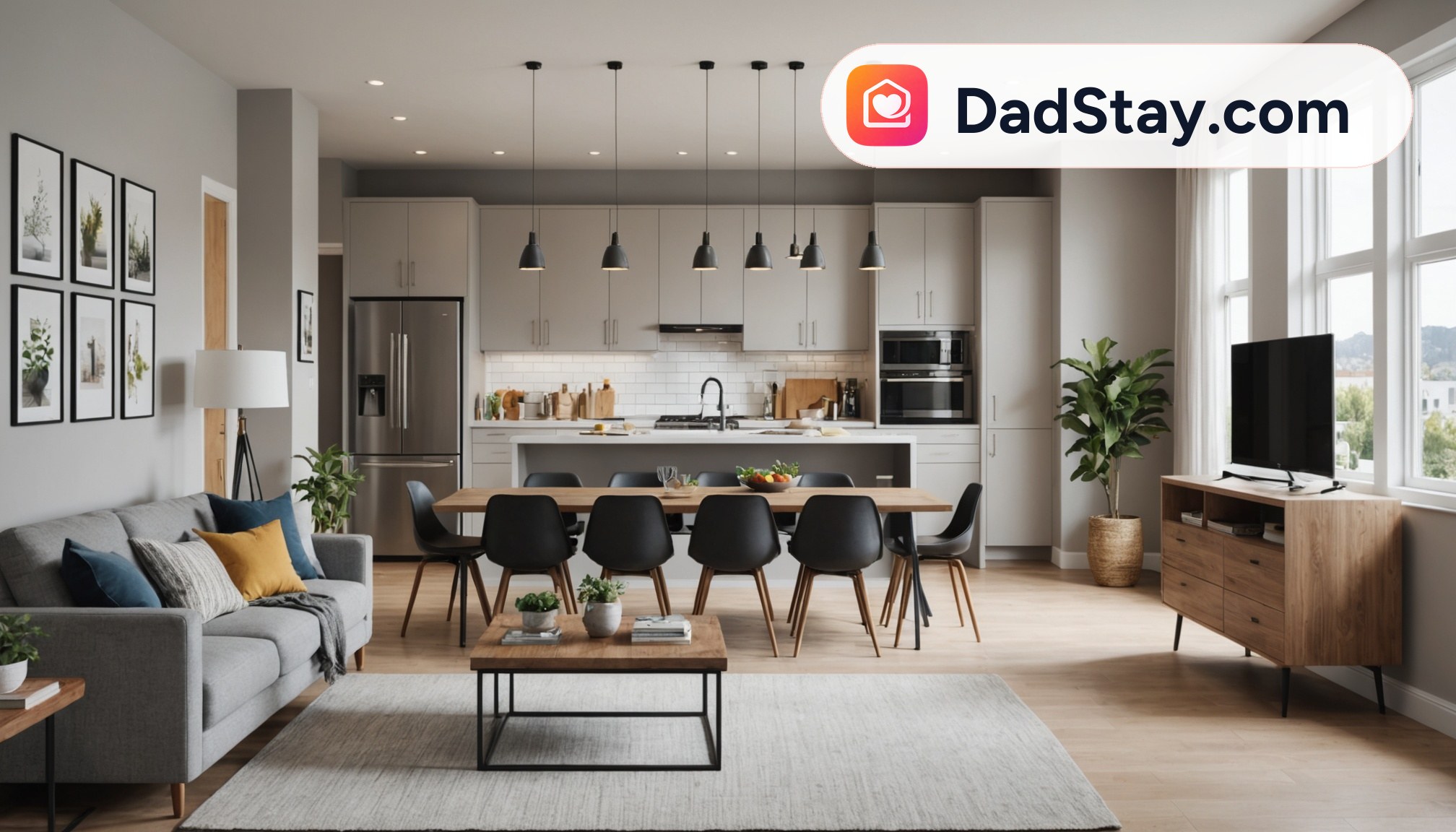 An empty, clean, and modern short-term rental interior with a comfortable living area, a well-equipped kitchen, and a cozy bedroom.