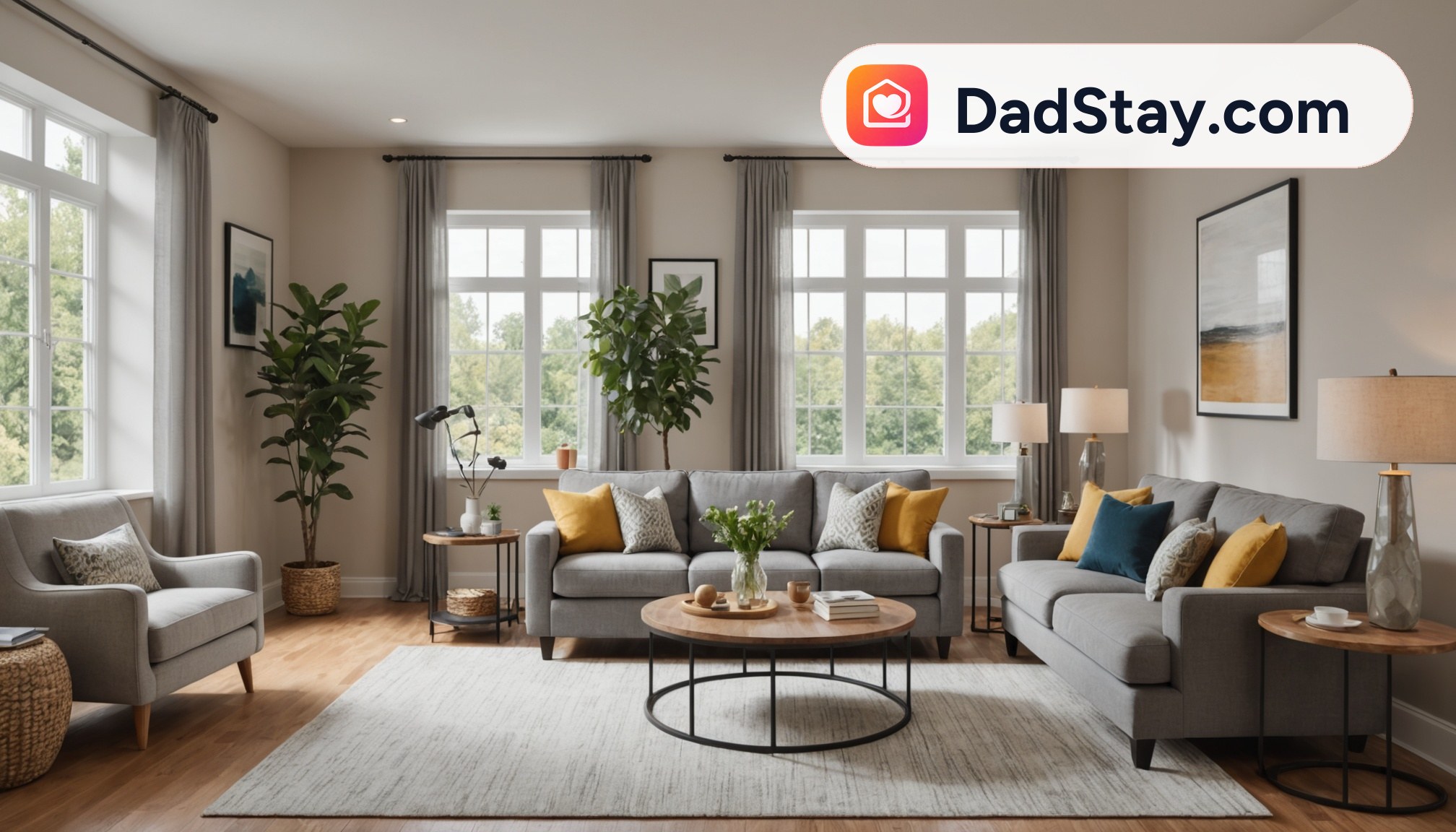 A cozy living room with a comfortable sofa and a coffee table, empty and ready for guests.
