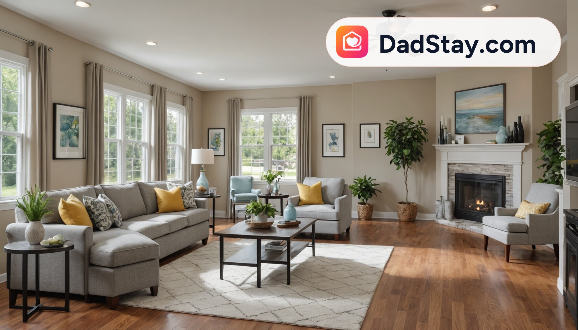 Furnished Raleigh-area rental living room with fireplace, sofas, and layered lighting