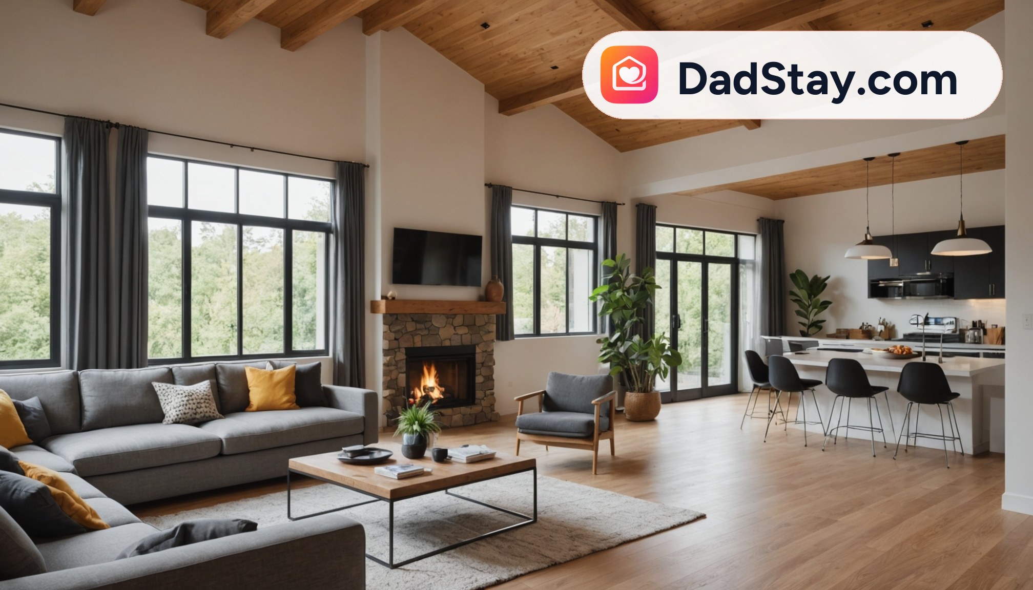 Open short-term rental living room with wood ceiling, fireplace, and kitchen seating