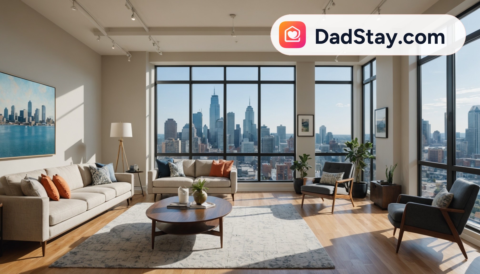 Bright urban short-term rental living room with skyline views and modern furnishings