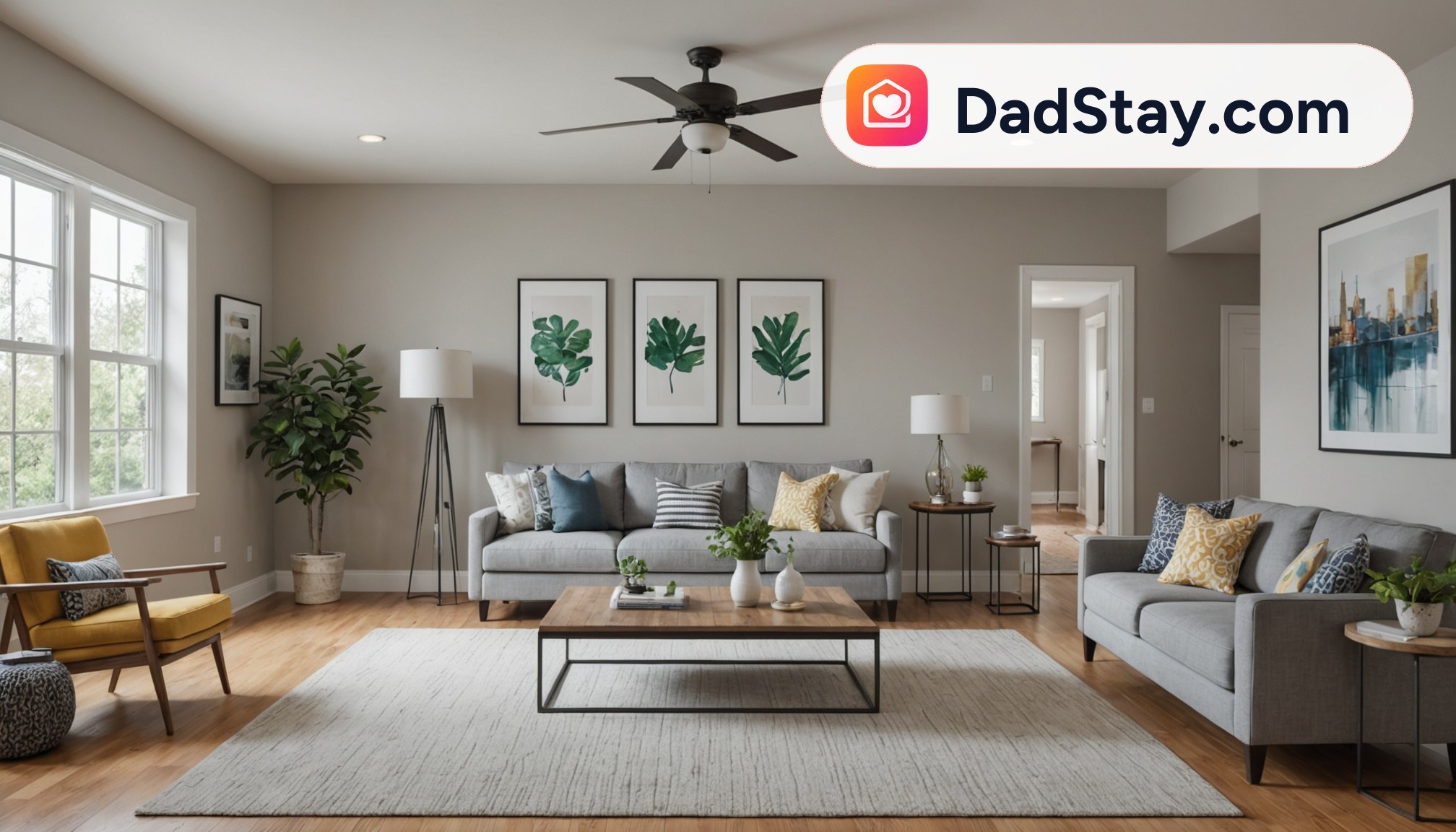 Modern furnished rental living room with neutral sofa, plants, and natural light